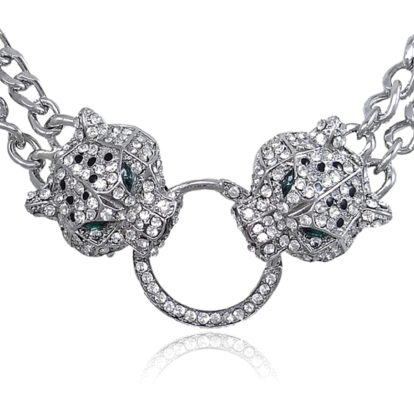 Silver Leopard Cheetah  Double Headed Exaggerated Statement Rhinestone Choker - Picture 7 of 8